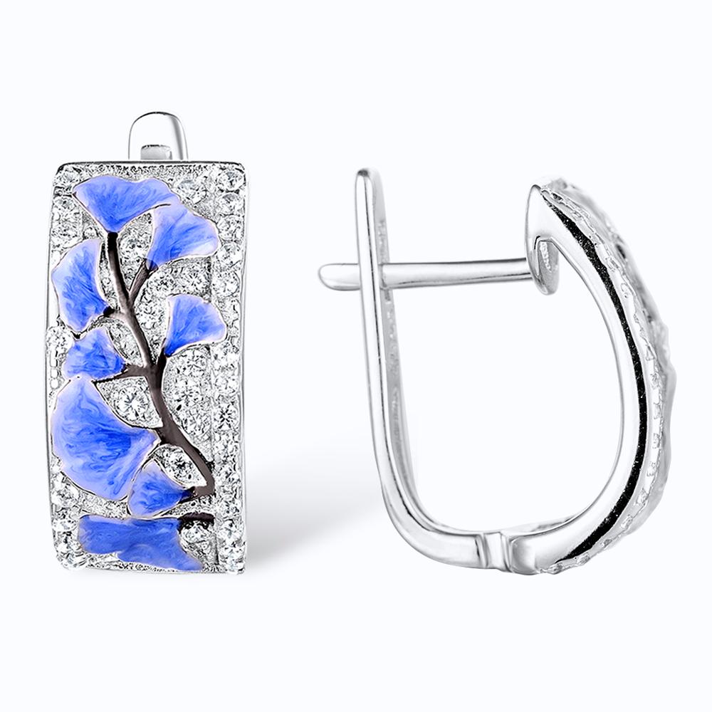 SANTUZZA Silver Earrings For Women Pure 925 Sterling Silver Blue Flower Sparkling Cubic Zirconia brincos Jewelry Handmade Enamel