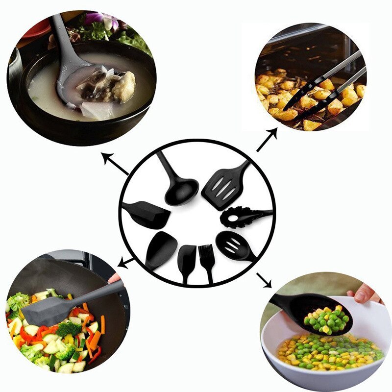 Kitchen Silicone Non-stick Cooking Spoon Spatula Ladle Egg Beaters Utensils Dinnerware Set Cooking Tools Accessories