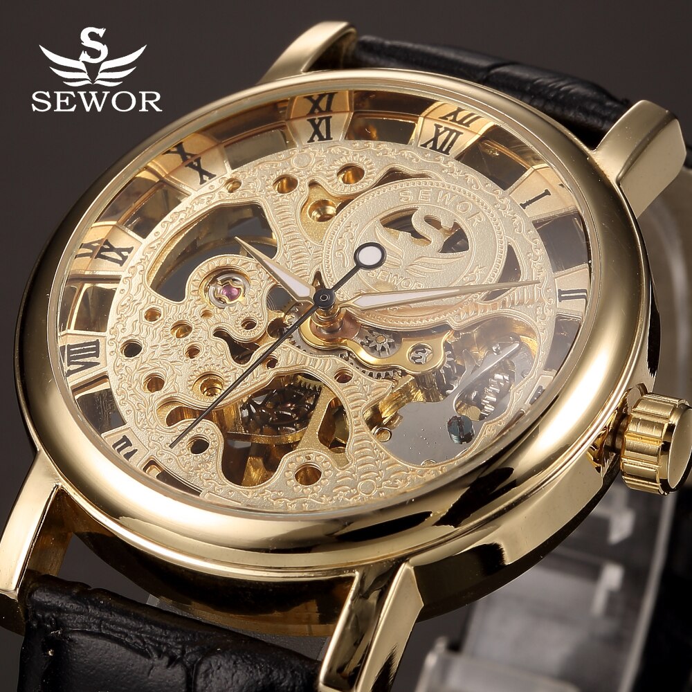 SEWOR Luxe Mechanische Horloge Gold Skelet Horloges Heren Lederen Band Horloges Klok Mannelijke Relogio Masculino