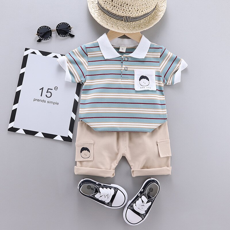 Ienens Baby Korte Mouwen Kleding Sets Kids Gestreepte Polo-Shirt + Shorts Outfits Suits Peuter Infant Jongens Casual Zomer kleding: Blue / 3-4T