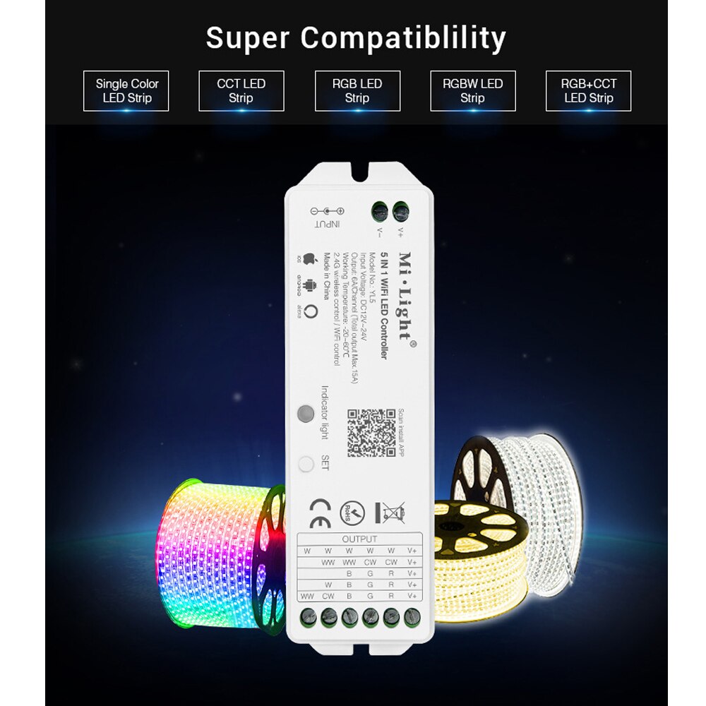 Milight WL5 2.4G 15A 5 IN 1 WiFi Alexa Voice wi fi LED Controller For Single color CCT RGB RGBW RGB+CCT Led Strip light