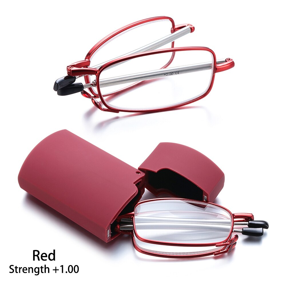 Men Women MINI Reading Glasses Folding Small Glasses Frame Black Metal Glasses Includes Original Case +1.0-4.0: Red (Strength 1.00)