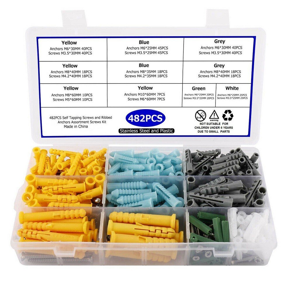 482pcs Wall Plug Assorted Raw Rawl Plugs With Tapping Screws Set M3.5 M4.2 M5 M6 M3.5 M4.2 M6 Self-tapping Screws