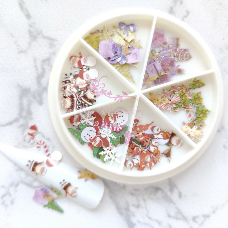 Japanese Style Xmas Tree Snowflake Santa Simulation Wood Pulp Slices Sequins 3D Nail Art Crafts Ornament DIY Decorations