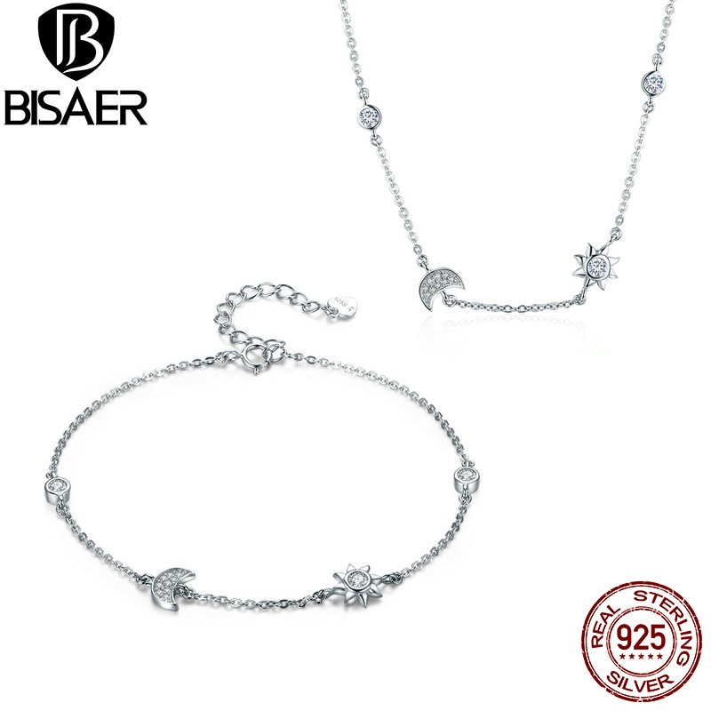 BISAER 925 Sterling Silber Schmuck setzt Mond Und Stern Geschichte Kragen Halsketten Frauen Armbinde Sterling Silber 925 Schmuck