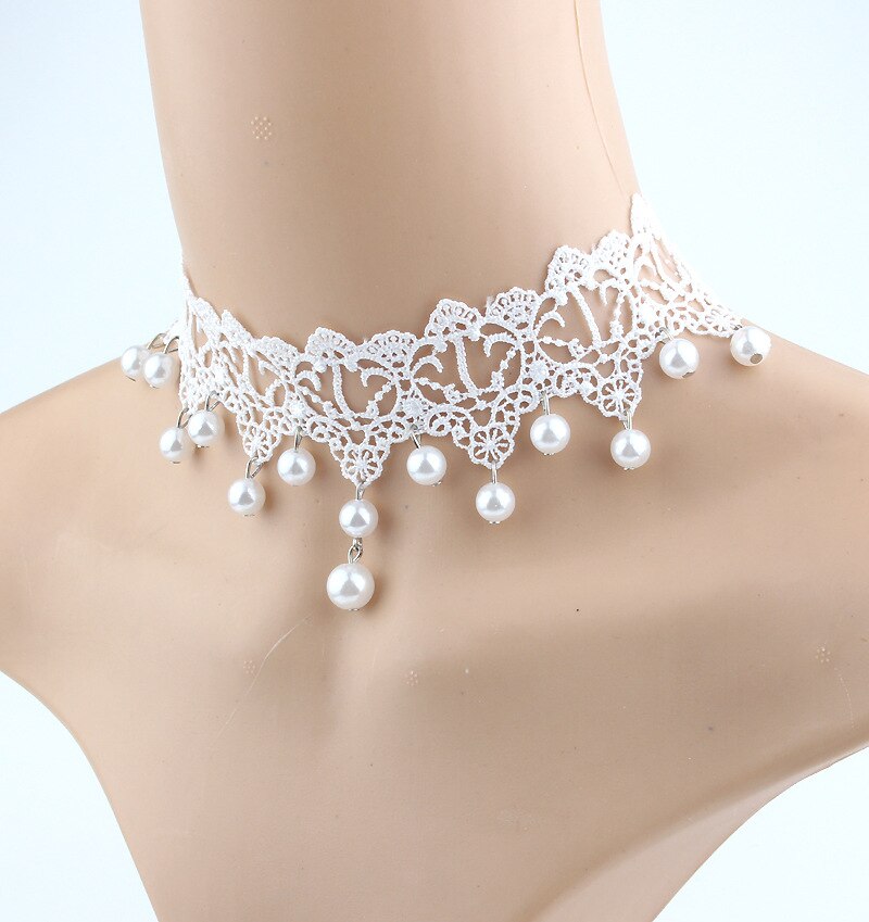 White Lace Pearl Choker Necklace Wedding Bridesmaid Handmade Adjustable Wide Hollow Bridal Jewelry Accessories