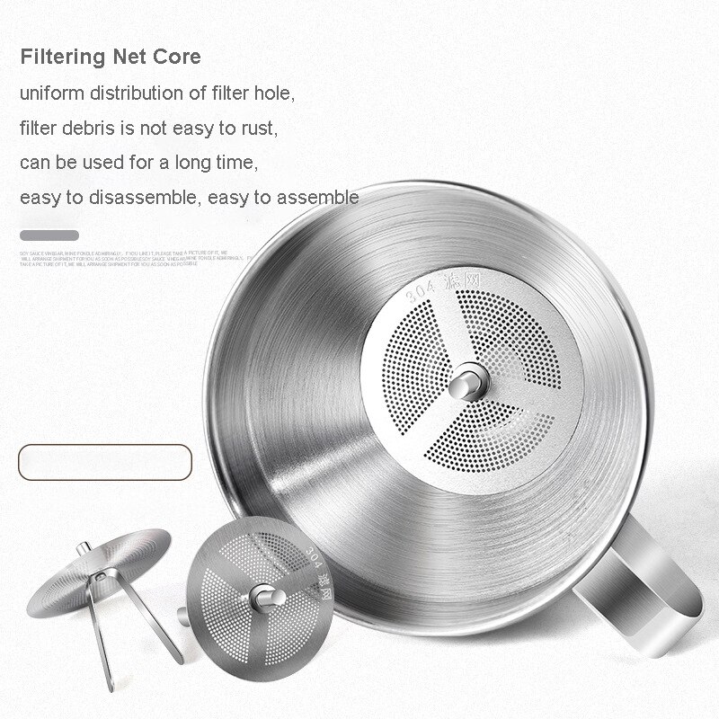 Stainless Steel Funnel Kitchen Oil Liquid Dispensing Thicken Metal Funnel with Detachable Strainer Filter Cook Oil Wine Funnel
