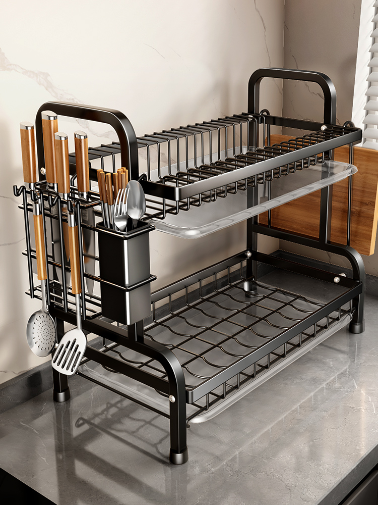 Estante de secado de platos de 2 niveles con soporte para utensilios, estantes ajustables, organizador de cocina que ahorra espacio, sistema de drenaje, gabinete de almacenamiento