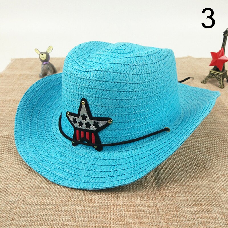 Outdoor Children's Cowboy Hat Summer Straw Hat Boys And Girls Five-pointed Star Patch Sun Hat Cute Children's Beach Visor Hat: 3