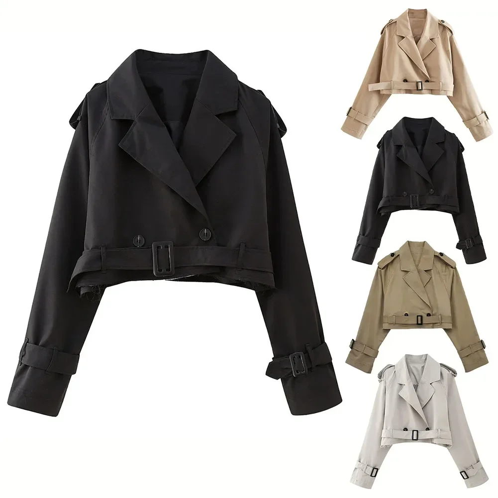 Dames cropped blazers jassen herfst elegante vintage effen kleur lange mouw dubbele rij knopen trenchcoat met riem