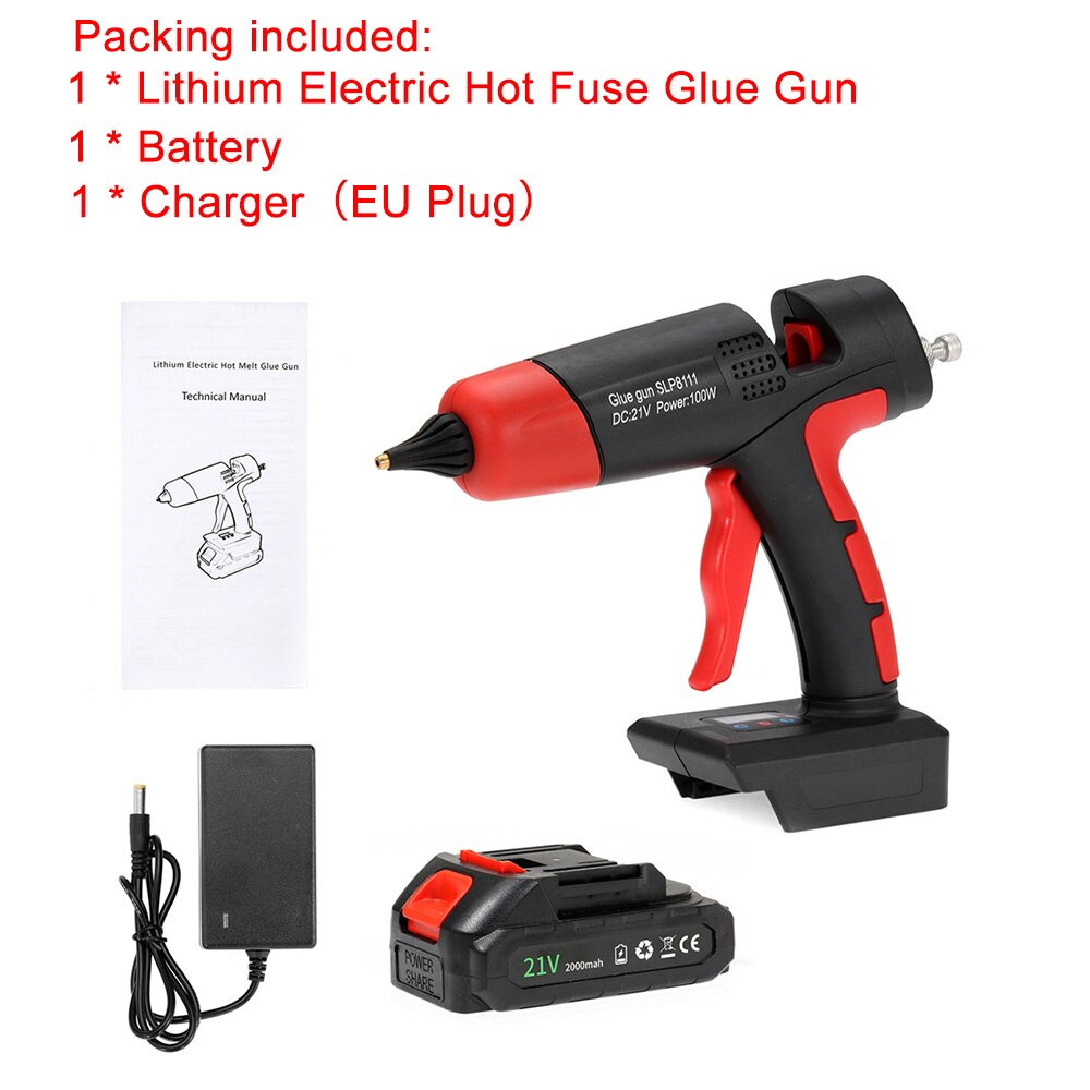 21V Melt Glue Gun Rechargeable Cordless Electric Fuse Glue Gun For 11mm Glue Stick Lithium Battery Home DIY Repair Tool: EU Plug Set