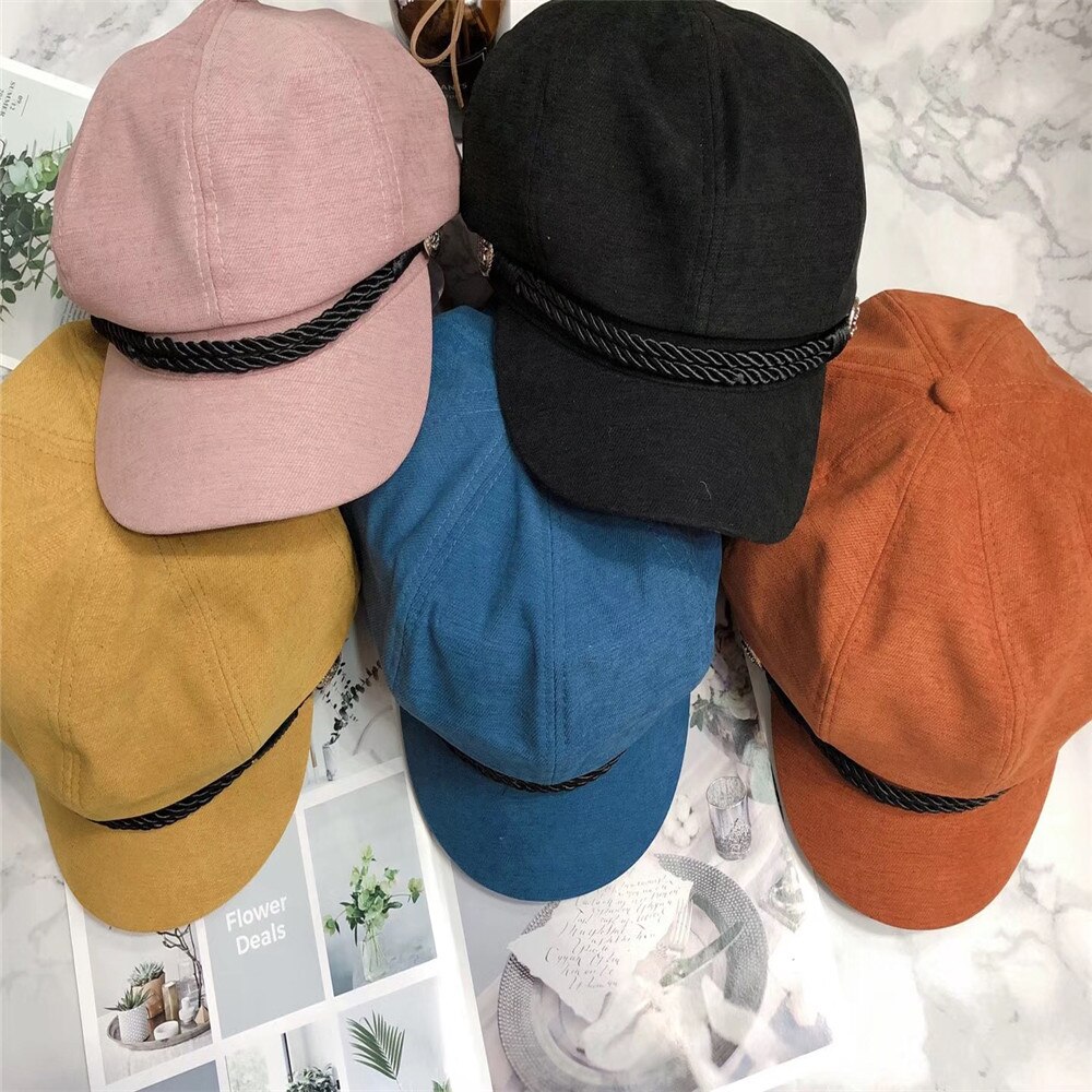 Chapeau de boulanger en sergé solide pour femme et garçon, avec bouton et cordon, rose, noir, moutarde, octogonal, pour fille