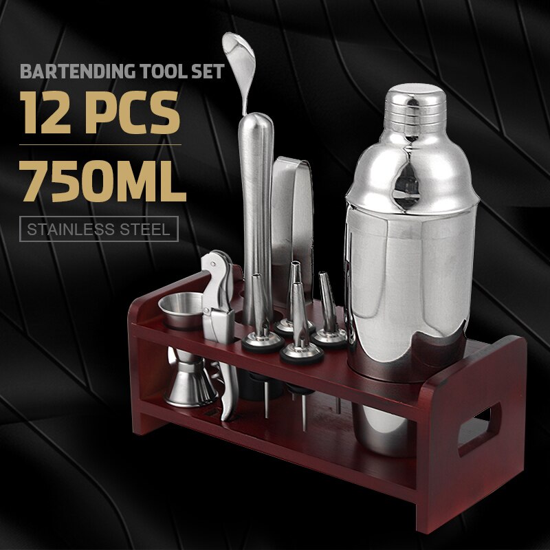 12Pcs/set 750ml Stainless Bar Cocktail Shaker Mixer Drink Bartender Browser Set Barware Set Shaker Set With Wooden Rack Stand