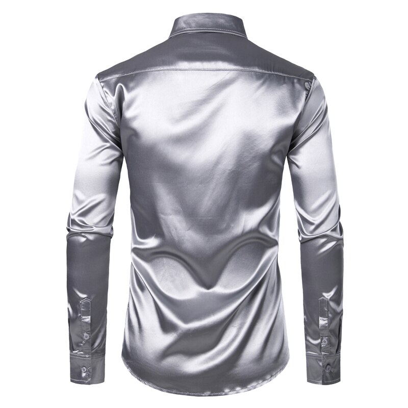 Heren zilverkleurige zijden satijnen overhemd met stropdas, slim fit overhemd met knoopjes, casual overhemd voor heren, feest, bruiloft, gala, podium, chemise