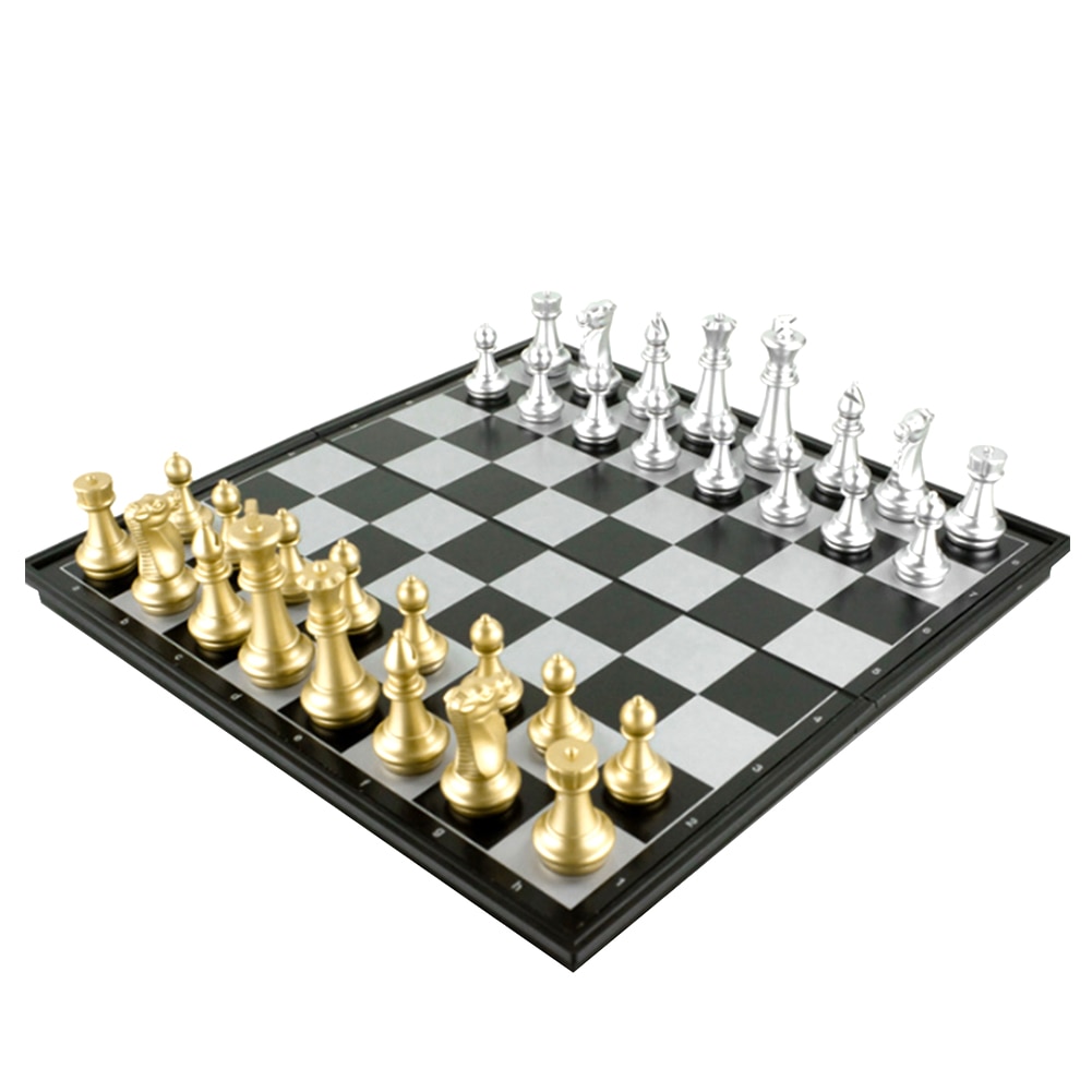 Magnetisk rejse skak sæt foldbar plast bordplade skak puslespil rejsespil til barn (gyldent og sølvfarvet ) 1 sæt