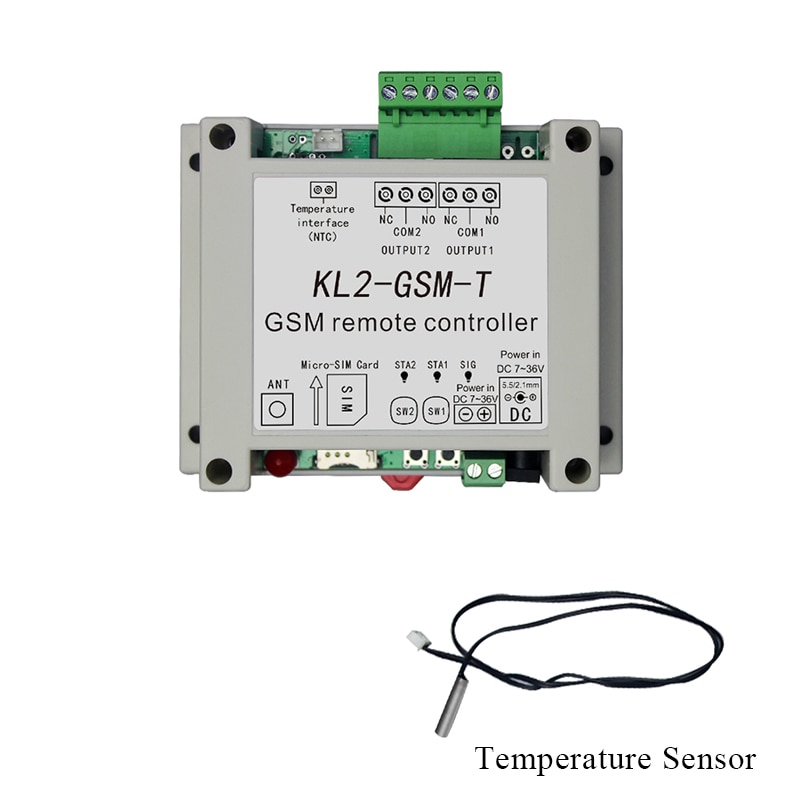 DC12V 2Channel Relay Output GSM Remote Control Switch KL2-GSM-T With 1M Temperature Sensor
