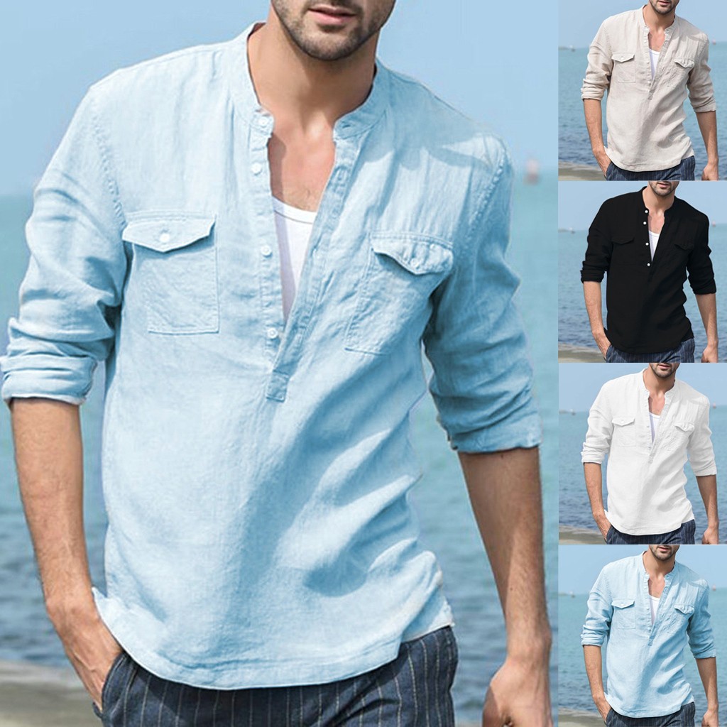 FREE OSTRICH Casual Shirt Men's Loose Cotton Linen Pocket Solid Color Long Sleeve Shirt Casual Comfortable Men's Shirts
