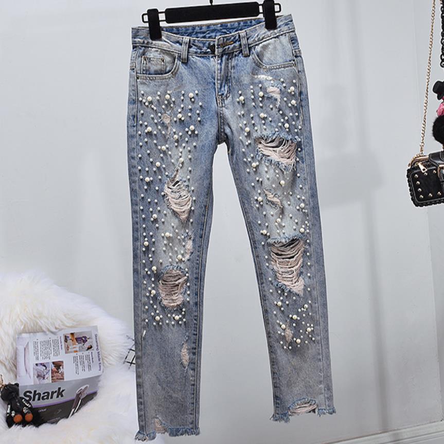 Skinny gescheurde jeans voor dames met gaten, kralen en parels, damesjeans met parels, denim potloodbroek, plus size