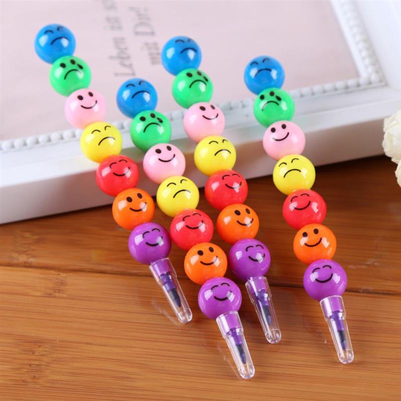 7 Colors Cartoon Face Print Pencils Lovely Round Graffiti Pen Stationery For Kids Wax Crayon Pencil