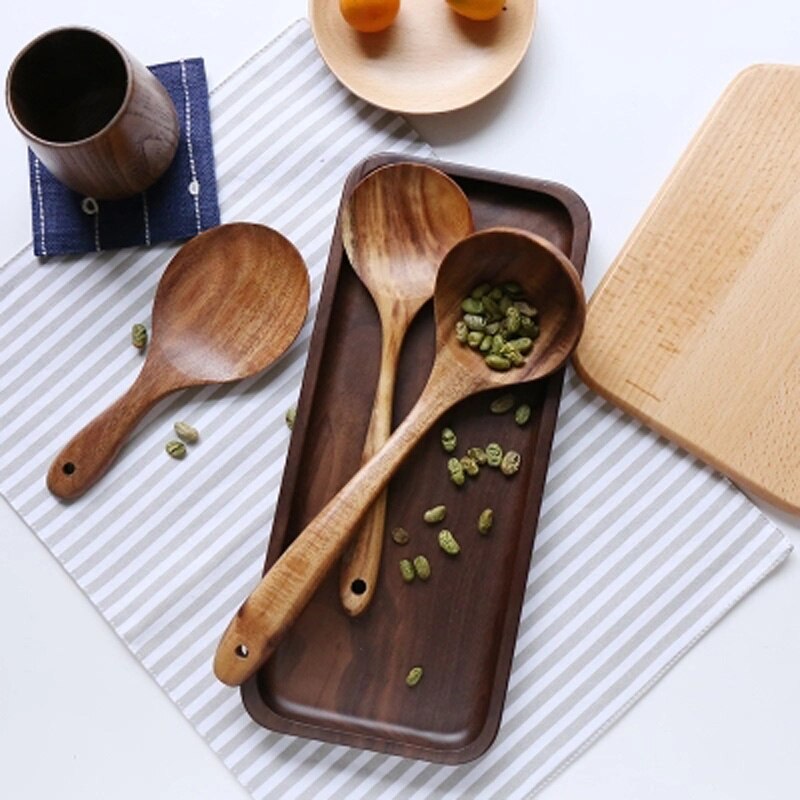 Ensemble De Cuillères En Teck Bois Massif - Cuisine, Passoire, écumeur - Neuf