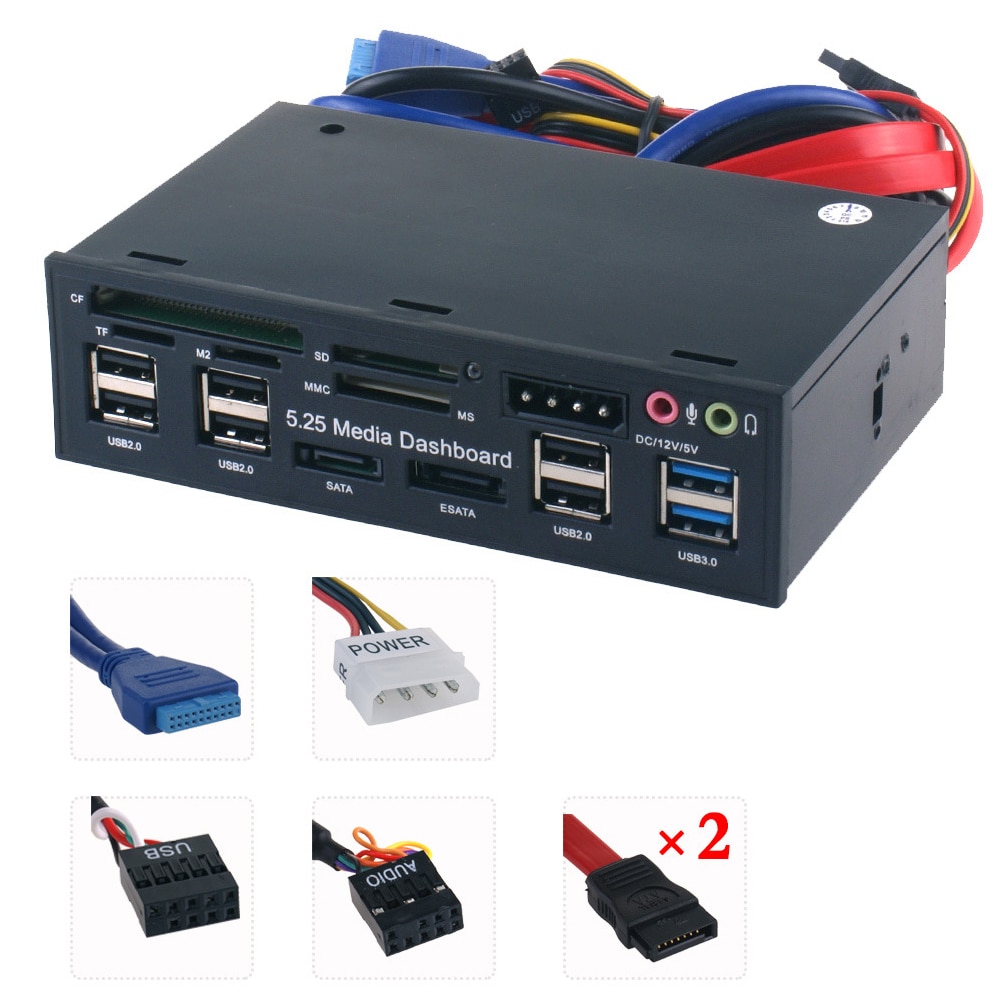 5.25 tommer tilbehør esata computer pc medie dashboard intern kortlæser frontpanel hub optisk drev multifunktion usb 3.0