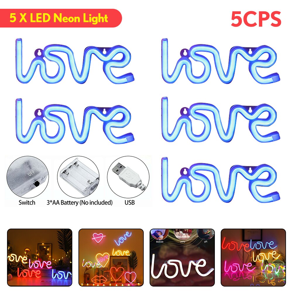 Romantic LOVE Letters LED Night Light USB Charging Home Decor Neon Lamp USB Charging battery box lamp Home led night lamp: 5PC Blue