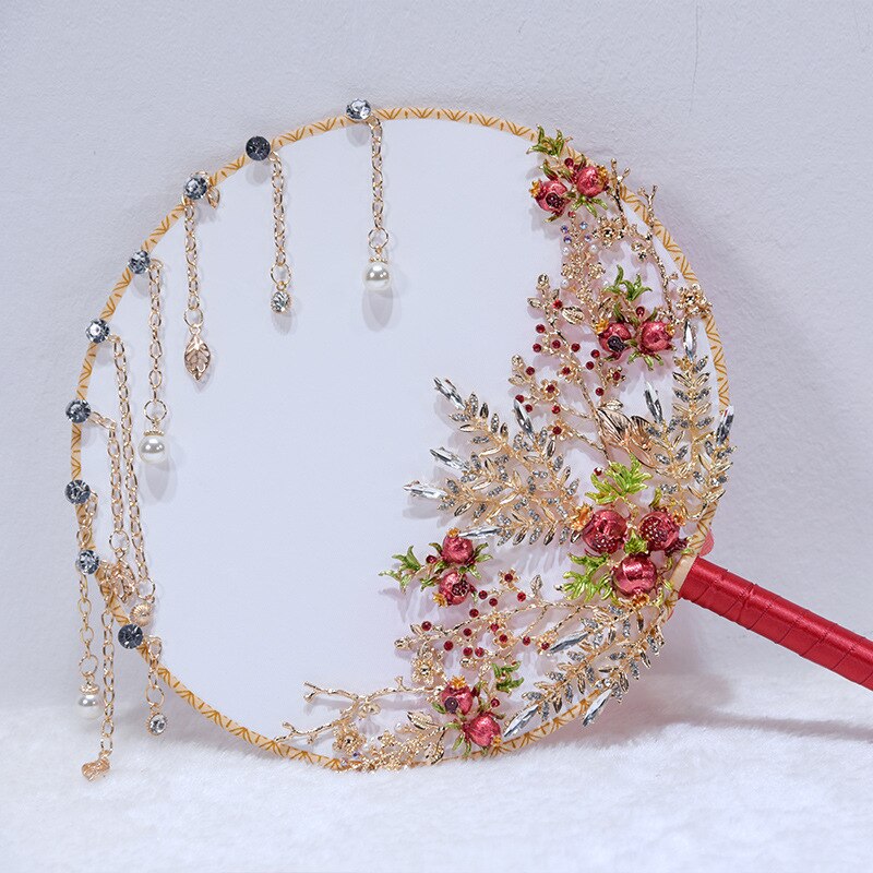 JaneVini ramo de boda de lujo chino ventilador de Granada oro flor Metal nupcial redondo abanico de mano rojo joyería boda Accesorios