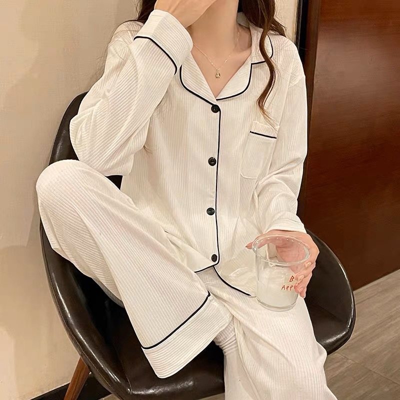 Women's Imitation Cotton Pyjamas Homewear Set Girls Spring and Autumn Pajamas Homewear Ladies Long-Sleeved Cardigan Homewear: XXL / WHITE