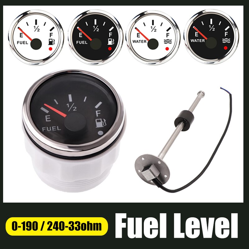 Stainless Steel 52mm Fuel Level Meter With Alarm And 200 250 300 350 450 mm Sensors Water Level Gauge Fit For 0~190 / 240~33 ohm