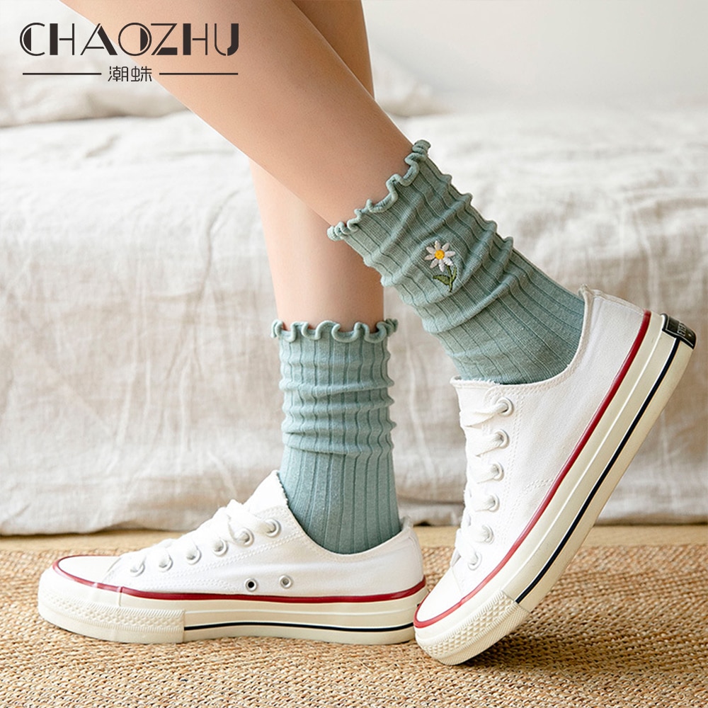 CHAOZHU Summer Spring Thin Loose Socks Daisy 8 Colors Long Women Sox Sweet Cute Cotton Knitting Rib Korea Japanese