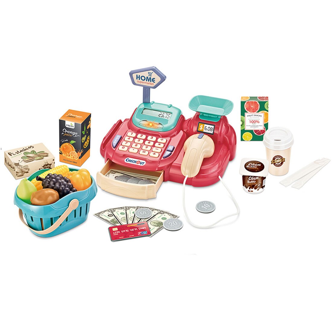 27Pcs Kinderen Supermarkt Pretend Play Multifunctionele Simulatie Kassa Speelgoed Set-Rood: red