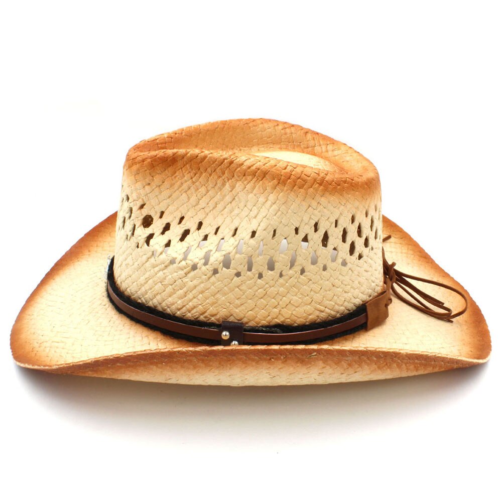 Women Men Western Cowboy Hat With Punk Bull Head Band Straw Lady Dad Beach Sun Sombrero Cap Mesh Cowgirl Jazz Hat Size 58CM