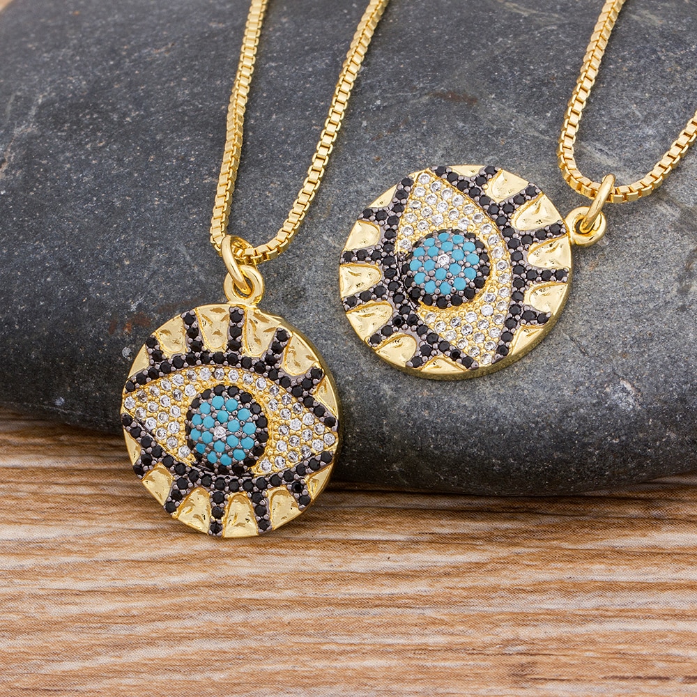 Classic Micro Pave Copper Zircon Evil Eye Necklace Gold Color Link Chain Round Pendant Necklace Lucky Jewelry for Female
