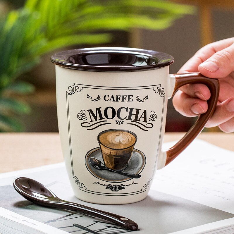 Pequeña taza de café de lujo de estilo europeo, creativa taza de agua de cerámica para hombres y mujeres, taza para el hogar, Taza de leche con tapa, cuchara