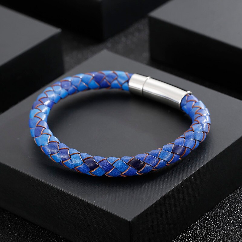 Handgemaakte Sieraden Heren Rvs Sluiting Bruin Blauwe Kleur 8Mm Lederen Koord Gevlochten Armband 215Mm
