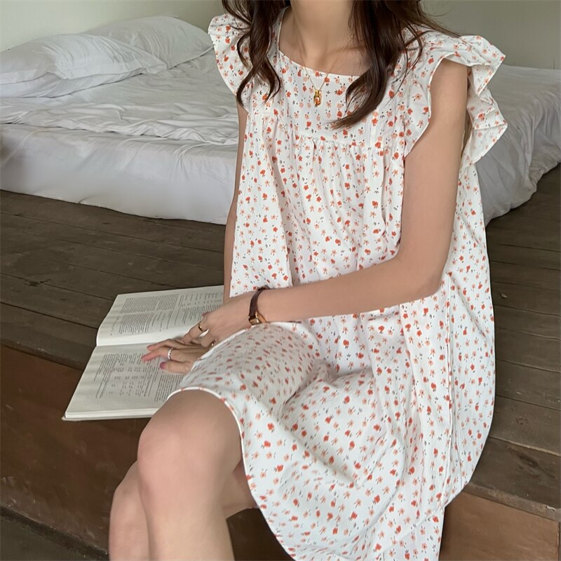 Mouwloze Zomer Nachtjapon Vrouwen Ruches Vierkante Kraag Knielange Koreaanse Kawaii Nachtkleding Japan Katoen Zoete Nacht Jurk
