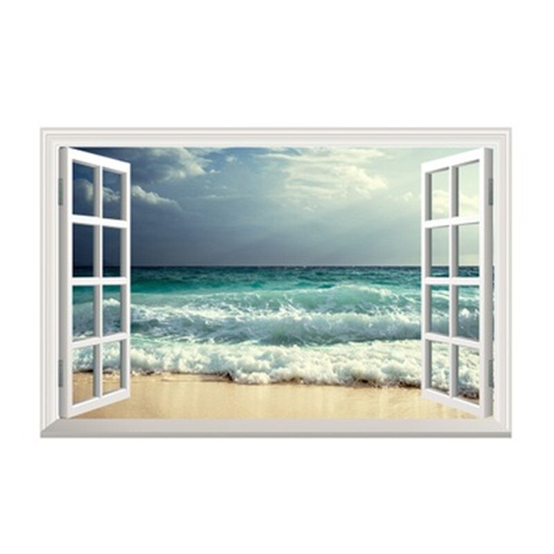 3D Beach Waves Window Wall Stickers For Living Room Bedroom Home Decor Scenery Wall Mural Art Landscape Vinly Decals Muursticker