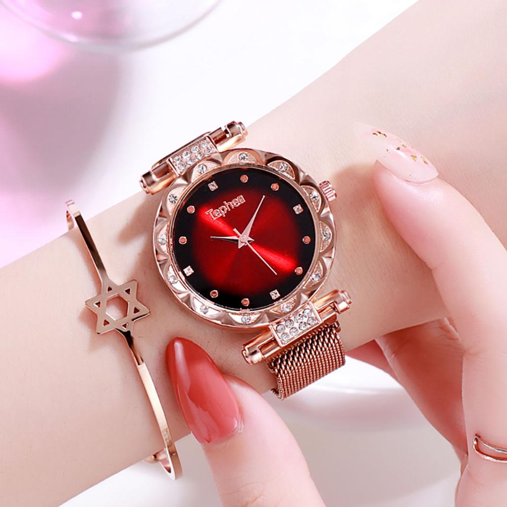 Rose Goud Luxe Vrouwen Horloges Dames Diamant Magnetische Armband Polshorloge Vrouwelijke Horloge Meisje Klok Uur Relogio Feminino: Rood