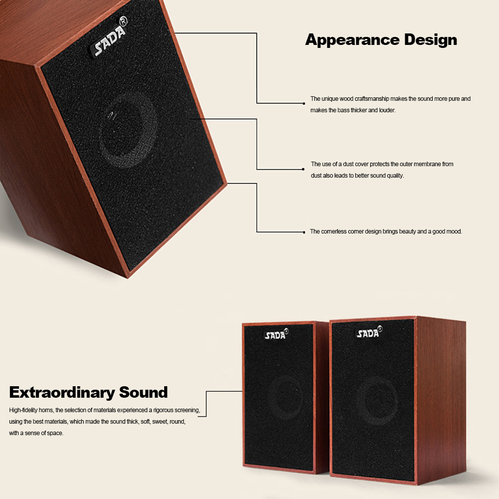 Sada V-160 Usb Wired Mini Computer Speakers Bass Stereo Houten Pc Speaker Voor Laptop Desktop Smart Telefoon MP3 MP4 3.5mm Aux In