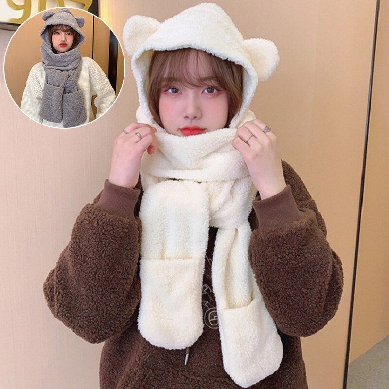 Korean Women Fluffy Plush Warm 3 In 1 Hooded Scarf Hat Gloves Set Cute Cartoon Cat Ears One-Piece Winter Windproof Earflap Cap