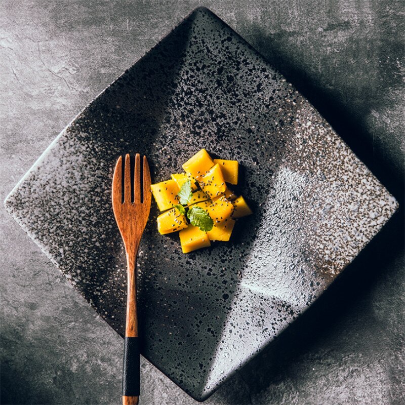 Minimalist Japanese Style Square Black Dish Dessert Plate Ceramic Steak Sushi Plate Restaurant Hotel Home Kitchen Tableware