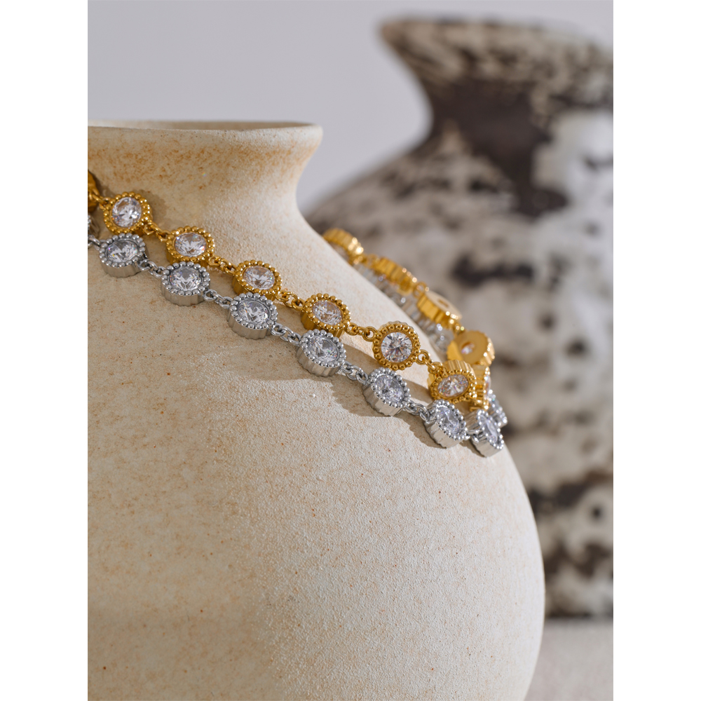 Yhpup delicate roestvrijstalen glanzende ronde ketting armband met zirkonia steentjes, armband oorbellen, temperamentvolle sieraden