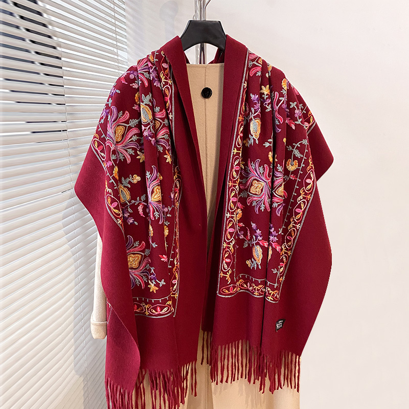 Luxo de alta qualidade bordado cachecol elegante feminino inverno grosso quente pescoço pashmina longa franja cachecóis senhora cobertor xale macio