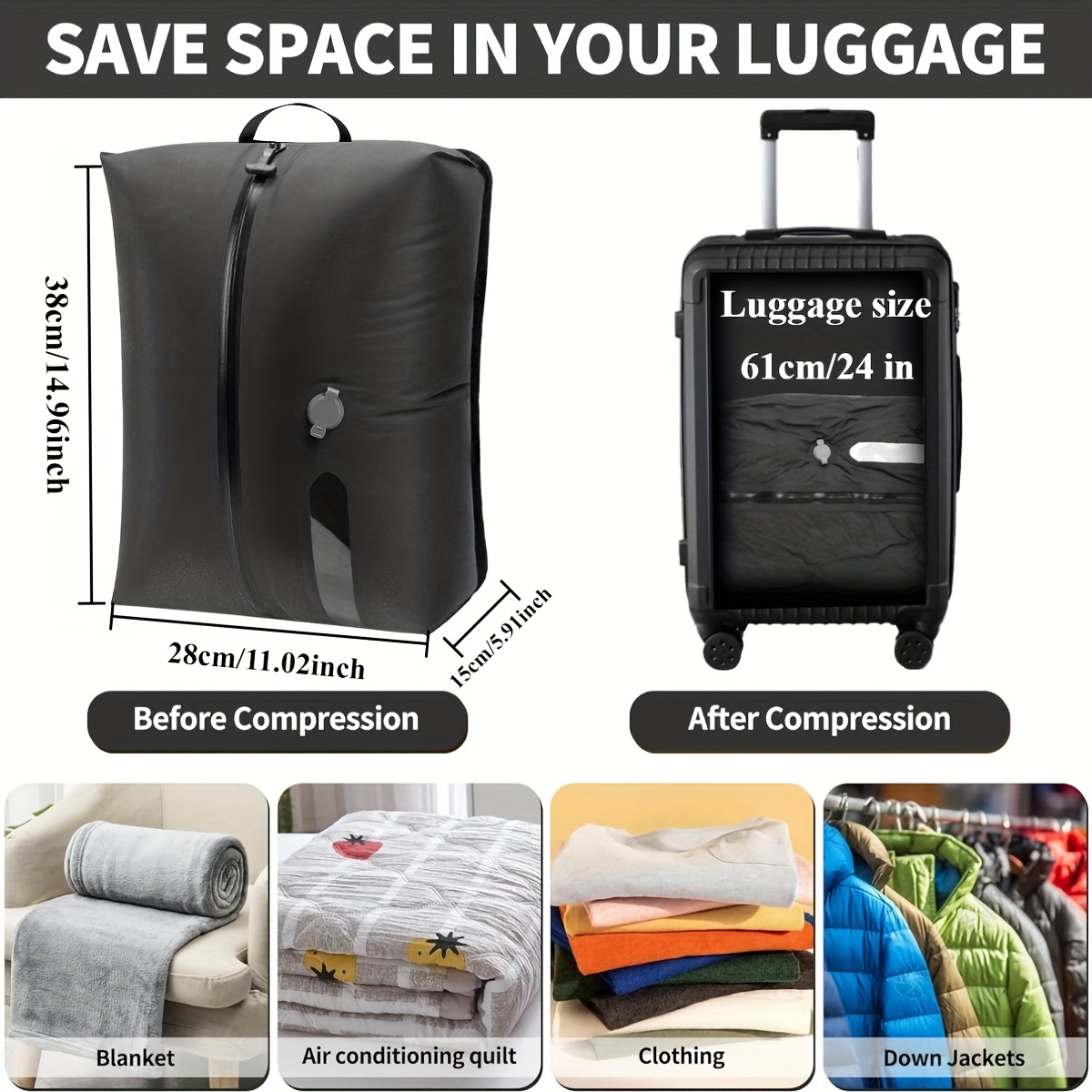 1pc Luggage Vacuum Compression Bag, Reusable Vacuum Bag, Save 60% Space, Travel Vacuum Sealed Bag