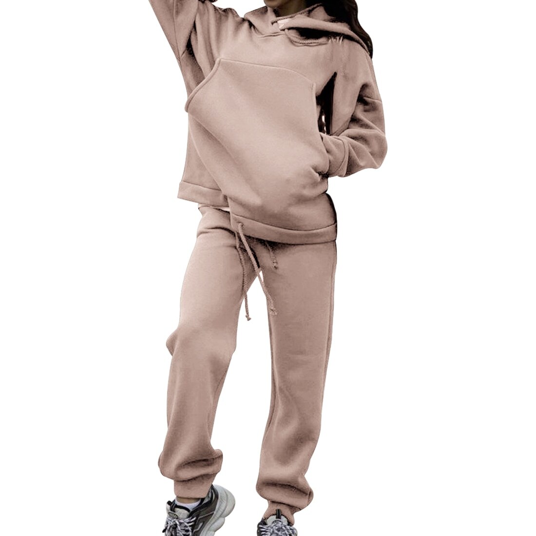 Conjunto de dos piezas de chándal de otoño para mujer, Sudadera con capucha y pantalones de gran tamaño, traje deportivo Casual de invierno, conjunto de mujer de 2 piezas: L / beige