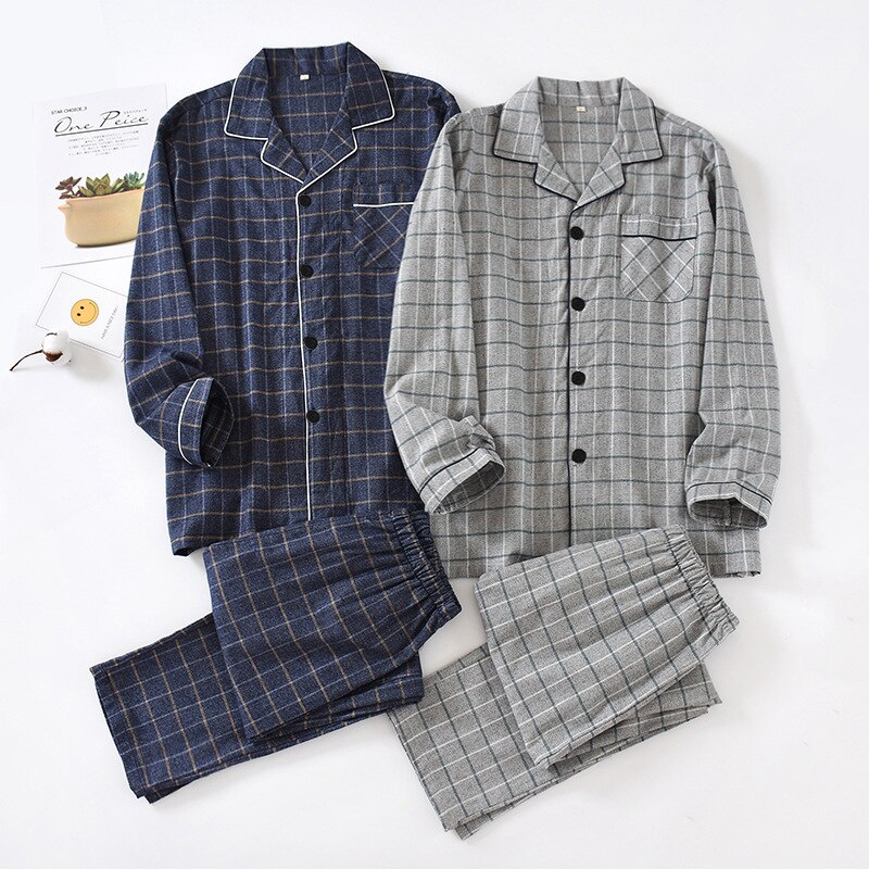 spring and autumn men's plaid pajamas, cotton flannel home service large size long-sleeved trousers soft suit sleep wear men