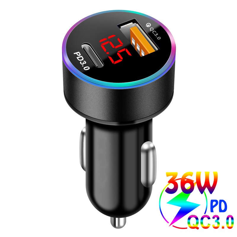 36W QC3.0 2 Usb Type-C Auto-oplader Led Digitale Auto Adapter Socket Quick Auto Telefoon Oplader Voor iphone 13 12 Pro Xiaomi Redmi: Black