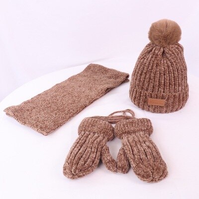 Børn vinter tredelt sæt varm plus fløjlhandske + hat + strikket tørklæde børn ensfarvet tilbehør til koldt vejr: E