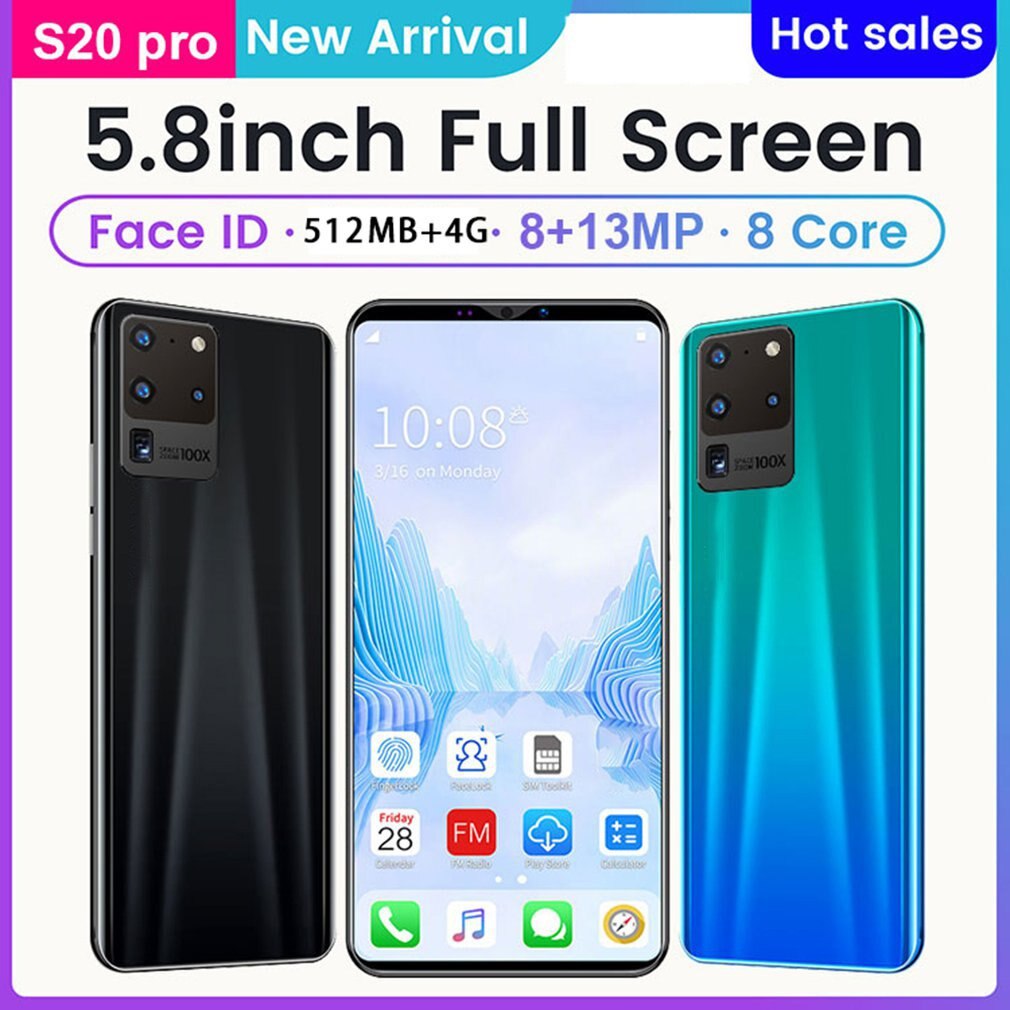 S20 pro smartphone 5.8 Polegada tela smartphone 512m + 4g android smartphone 3d vidro chapeado capa traseira azul