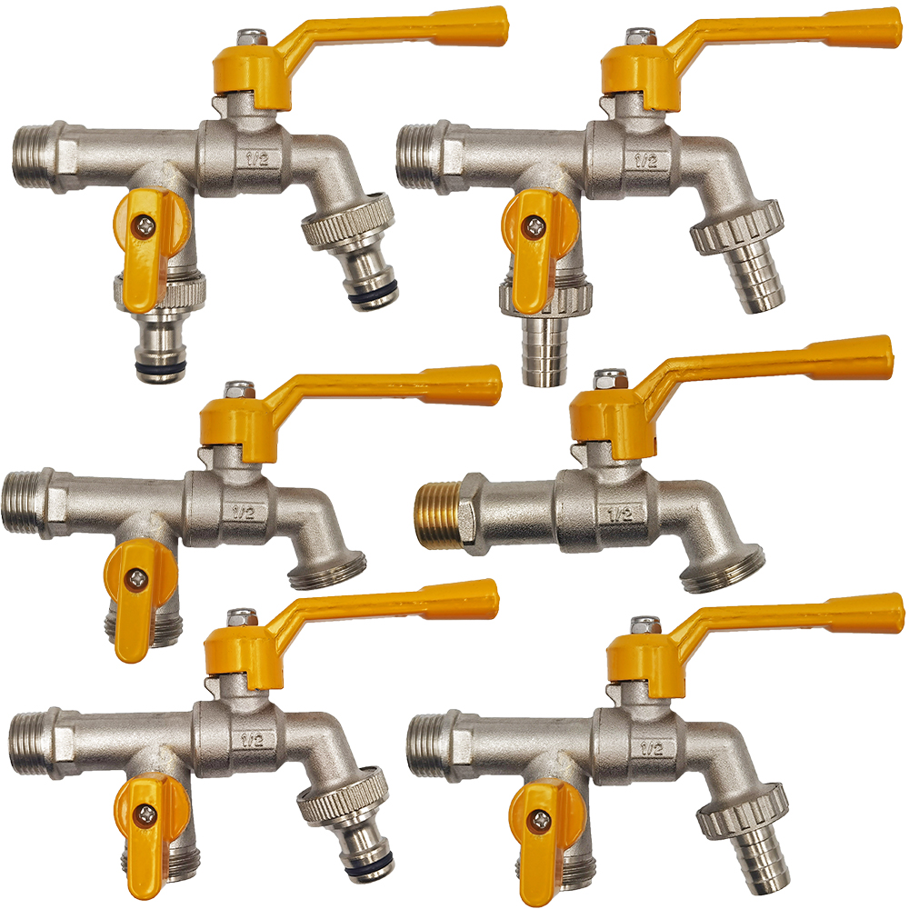 Adattatore per rubinetto per tubo da giardino 1/2 '' IBC Connettore per serbatoio dell'acqua Irrigazione a 2 gareggiare a 1 attraverso Giunto per rubinetto in ottone Raccordo di ricambio Valvola a sfera